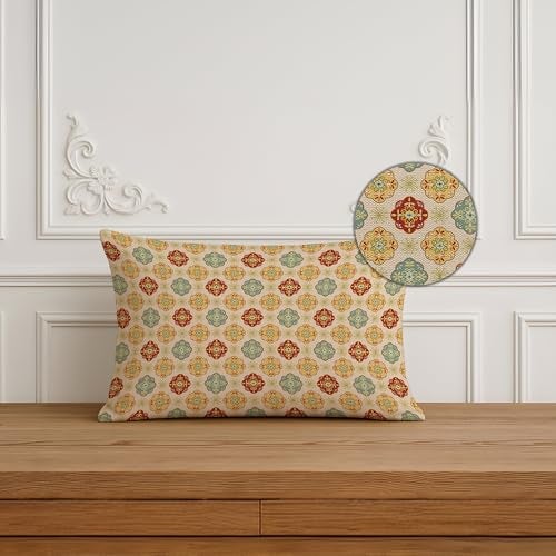 BRICK HOME Set of 2 Polycotton Printed Cushion Covers 12x18 Inches | Traditional Indian Motif & Geometric Design | Beige, Maroon & Pastel Shades | Soft Decorative Pillow Covers for Sofa & Couch - Image 3