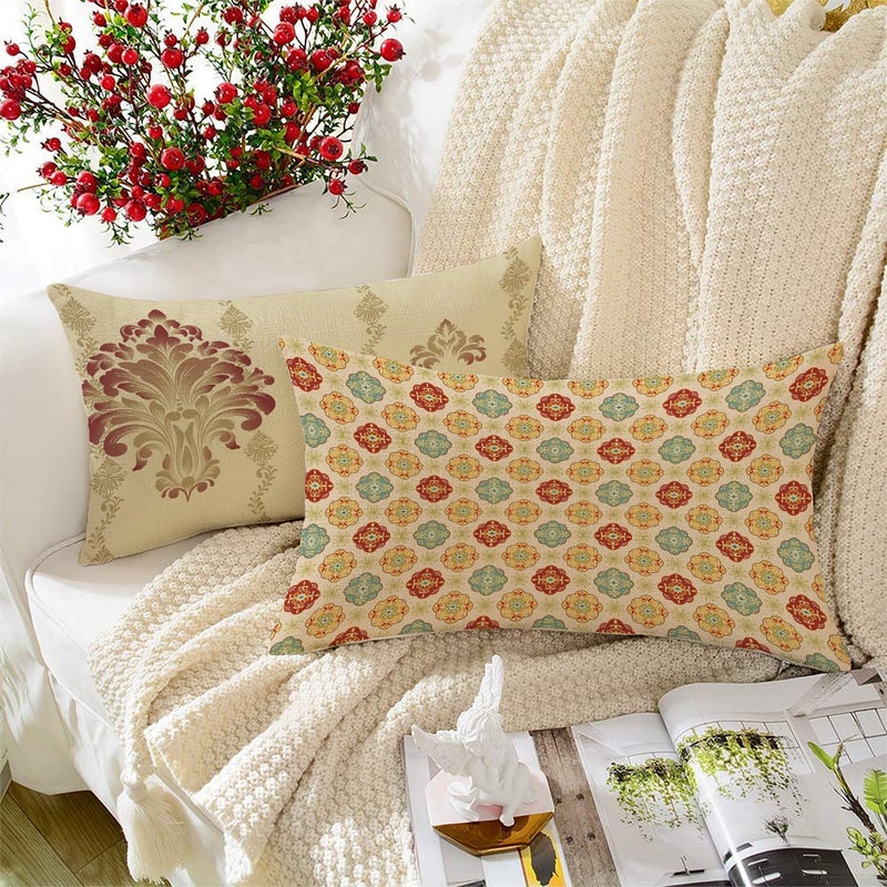 BRICK HOME Set of 2 Polycotton Printed Cushion Covers 12x18 Inches | Traditional Indian Motif & Geometric Design | Beige, Maroon & Pastel Shades | Soft Decorative Pillow Covers for Sofa & Couch - Image 5