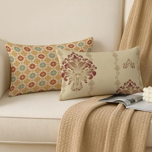 BRICK HOME Set of 2 Polycotton Printed Cushion Covers 12x18 Inches | Traditional Indian Motif & Geometric Design | Beige, Maroon & Pastel Shades | Soft Decorative Pillow Covers for Sofa & Couch - Image 2