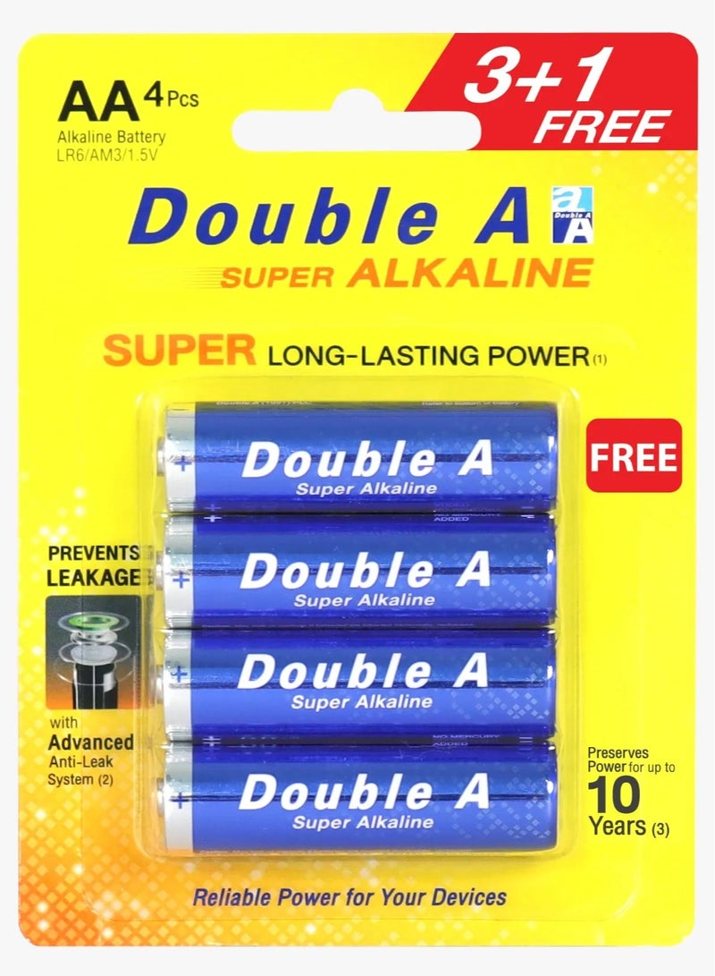 Double A Alkaline Battery, AA, 1.5V, 3 + 1 Free - Image 1