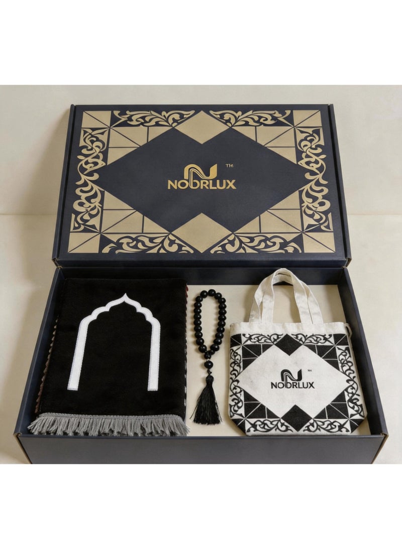 نورلوكس مجموعة هدايا الصلاة الإسلامية NOORLUX الممتازة - فرش الصلاة المطرزة ، حبات Tasbih وحقيبة القماش ذات العلامة التجارية ، مجموعة الصلاة الفاخرة للرمضان والعيد والهدايا المسلمة - Image 1