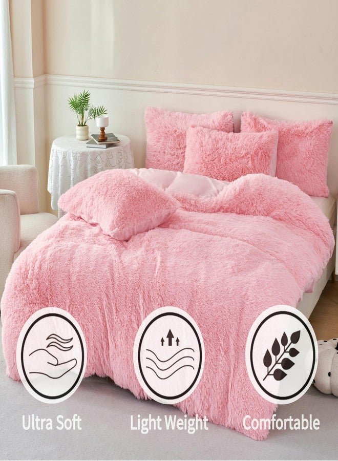 RYNGHIPY طقم مفروشات سرير مخملي وردي رقيق من RYNGHIPY مكون من 3 قطع، غطاء لحاف فائق النعومة ذو شعر طويل وأغطية وسائد، مقاس مفرد، أطقم مفروشات سرير للبنات (وردي، مفرد) - Image 2