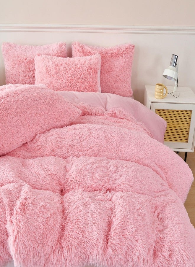 RYNGHIPY طقم مفروشات سرير مخملي وردي رقيق من RYNGHIPY مكون من 3 قطع، غطاء لحاف فائق النعومة ذو شعر طويل وأغطية وسائد، مقاس مفرد، أطقم مفروشات سرير للبنات (وردي، مفرد) - Image 5