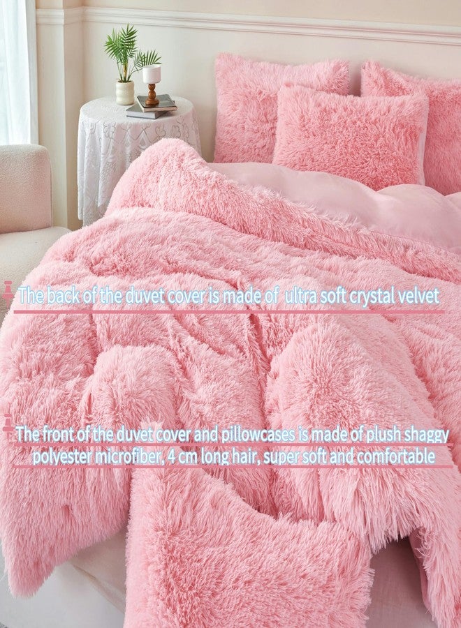 RYNGHIPY طقم مفروشات سرير مخملي وردي رقيق من RYNGHIPY مكون من 3 قطع، غطاء لحاف فائق النعومة ذو شعر طويل وأغطية وسائد، مقاس مفرد، أطقم مفروشات سرير للبنات (وردي، مفرد) - Image 4