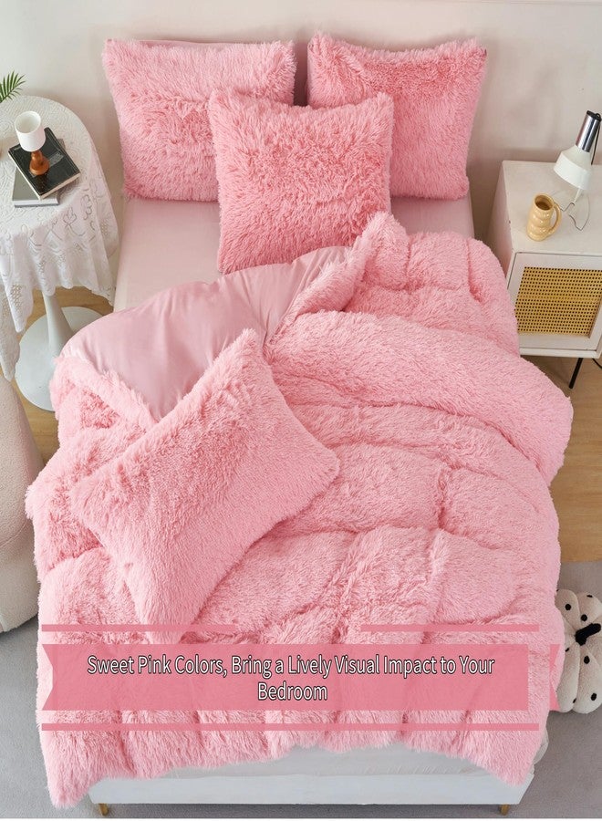 RYNGHIPY طقم مفروشات سرير مخملي وردي رقيق من RYNGHIPY مكون من 3 قطع، غطاء لحاف فائق النعومة ذو شعر طويل وأغطية وسائد، مقاس مفرد، أطقم مفروشات سرير للبنات (وردي، مفرد) - Image 3