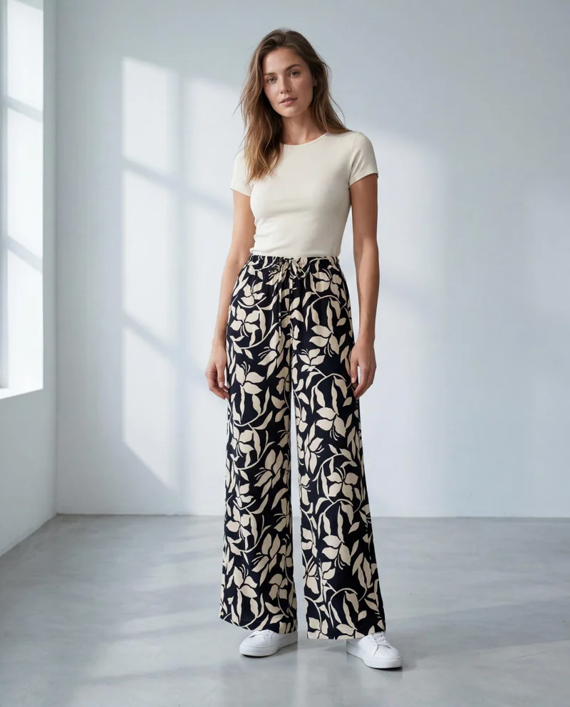 Redtag Women Black And Beige Printed Wide Leg Trousers