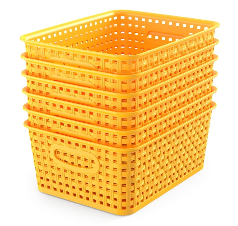 WYT 6Pack Plastic Small Shelf Storage Weave Baskets Organizing for Cabinets and Pantries Yellow