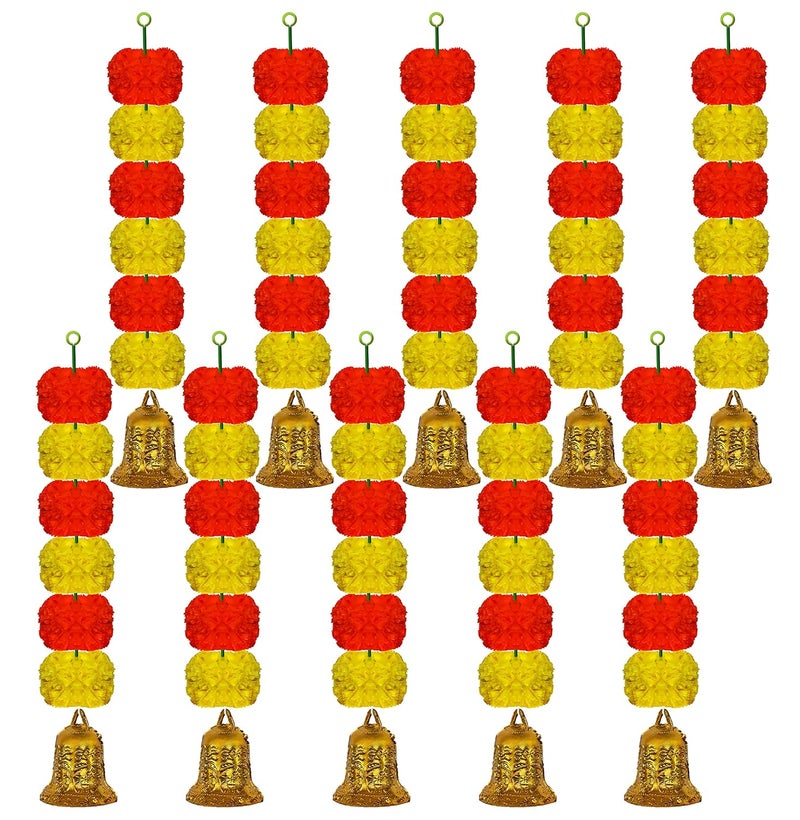 iHandikart iHandikart Marigold Garland Artificial Super Mini 6 Genda Fool with Bell in The Bottom Used for Festival DecorationOffice Home Diwali Decoration Color Yellow Dark Orange Pack of 10 3360410  - Image 1