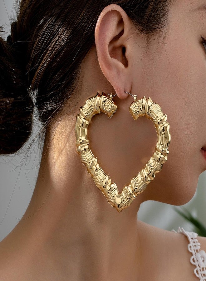 WLL Bamboo Earrings for Women 90s Hoop Earrings Large Heart Bamboo Earrings Oversized Outfits for Women Hip Hop Jewelry (B:2.5inch) - Image 2