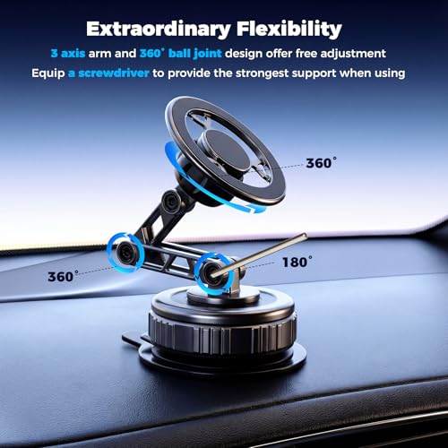 EdenseeLake Magsafe Car Phone Holder, 360° Adjustable Car Phone Mount, Strong Magnetic Vacuum Suction Cup Phone Holders for Your Car, 17 Pro Max 16 15 14 13 12 Air Plus - Image 2