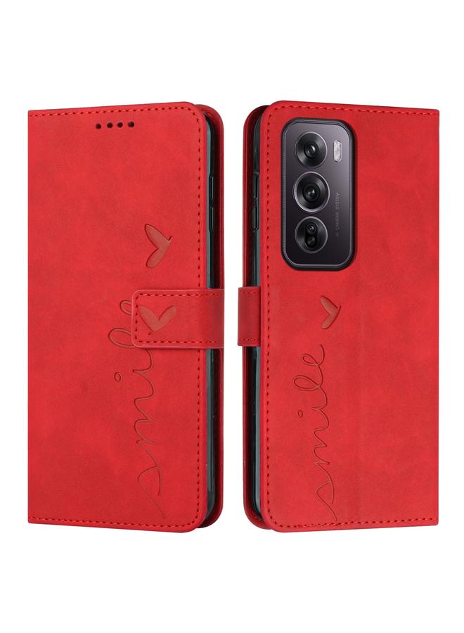 Green Tiger For OPPO Reno12 Pro Global Skin Feel Heart Embossed Leather Phone Case with Long Lanyard(Red)