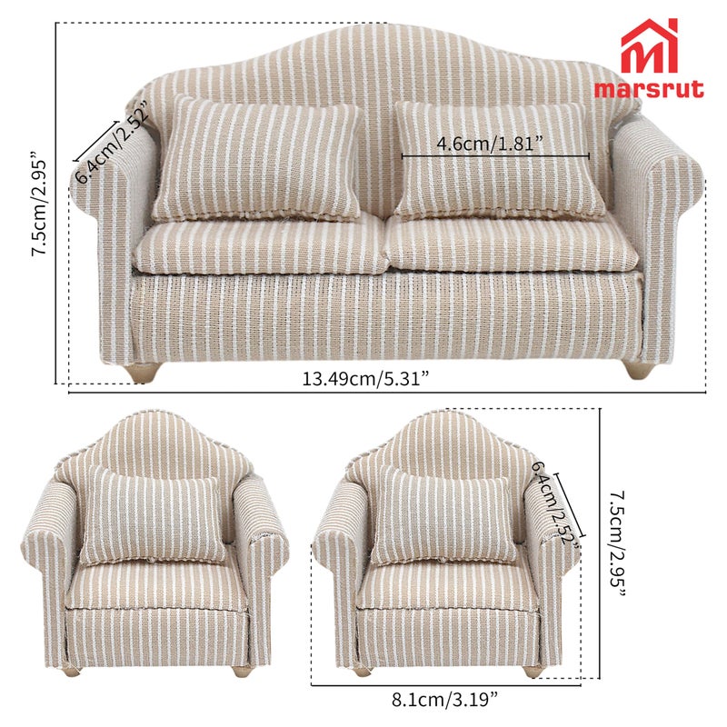 Marsrut 3pcs Dollhouse Couch, 1/12 Scale Living Room Furniture Accessory, Timeless Classic Miniature Double & Single Couch with Pillow, Upholstered Sofa Armchair Set Accessories for Bedroom Sectional DÃ©cor - Image 2