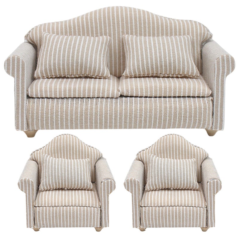 Marsrut 3pcs Dollhouse Couch, 1/12 Scale Living Room Furniture Accessory, Timeless Classic Miniature Double & Single Couch with Pillow, Upholstered Sofa Armchair Set Accessories for Bedroom Sectional DÃ©cor - Image 1