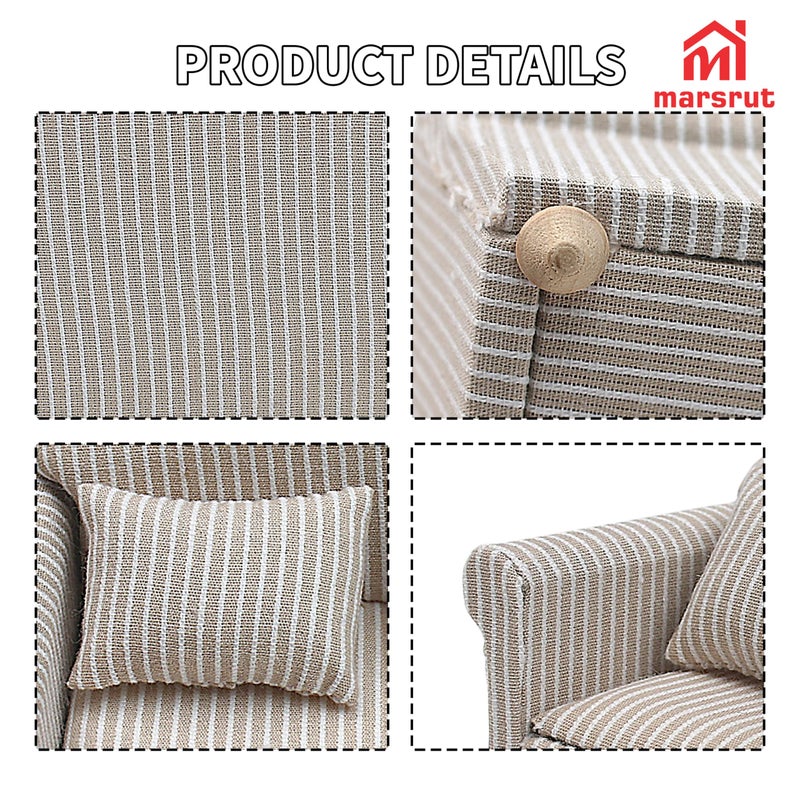Marsrut 3pcs Dollhouse Couch, 1/12 Scale Living Room Furniture Accessory, Timeless Classic Miniature Double & Single Couch with Pillow, Upholstered Sofa Armchair Set Accessories for Bedroom Sectional DÃ©cor - Image 4