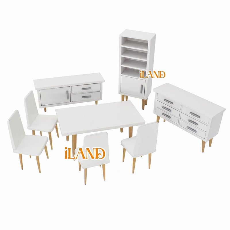 iLAND Dollhouse Furniture on 112 Scale of DiningRoom Wooden Doll House Furniture Miniature of Table Chair  Cabinet Modern Miniature Furniture 8pcs - Image 3