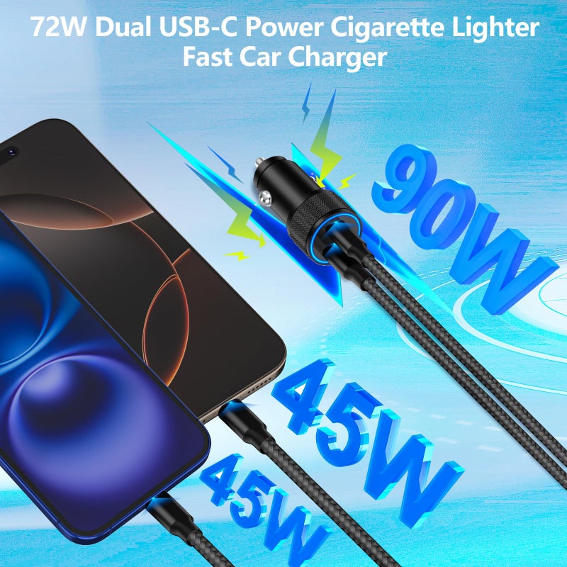 Linocell [Apple MFi Certified] iPhone 17 Car Charger, Linocell 90W USB C Car Charger Dual PD Power Cigarette Lighter Adapter with 2Pack Type C Braided Cable for iPhone 17/17 Pro Max/16/15/Galaxy S26/S25/Pixel - Image 5