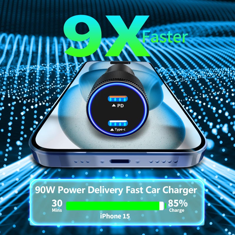 Linocell [Apple MFi Certified] iPhone 17 Car Charger, Linocell 90W USB C Car Charger Dual PD Power Cigarette Lighter Adapter with 2Pack Type C Braided Cable for iPhone 17/17 Pro Max/16/15/Galaxy S26/S25/Pixel - Image 3