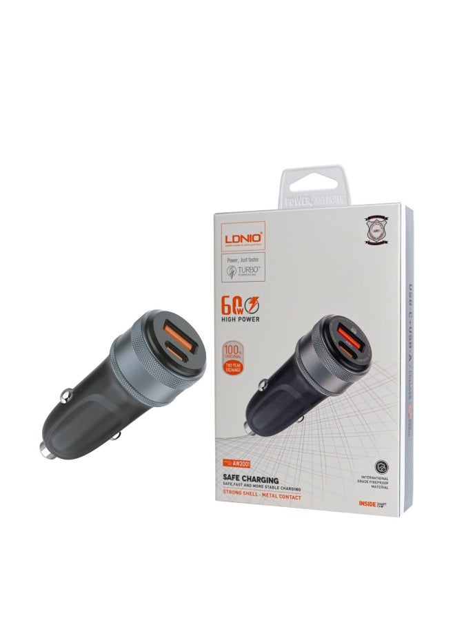 لدنيو شاحن سيارة LDNIO بقوة 60 واط – منفذ USB-C و USB-A يدعم الشحن السريع AW2001 - Image 2