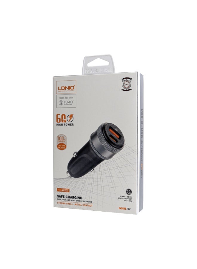لدنيو شاحن سيارة LDNIO بقوة 60 واط – منفذ USB-C و USB-A يدعم الشحن السريع AW2001 - Image 4