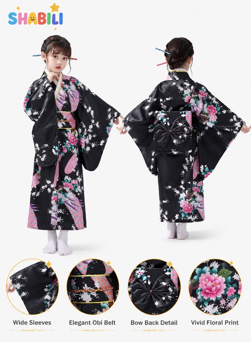 SHABILI Kids Japanese Kimono Yukata Dress with Satin Floral Print and Obi Belt for Girls, Elegant Silk-Like Material with Rich Accessories including Fan, Hairpin, Tassel and Head Flower, Perfect for Cosplay, Daily Wear, School Events and Birthday Parties (Black) - Image 2