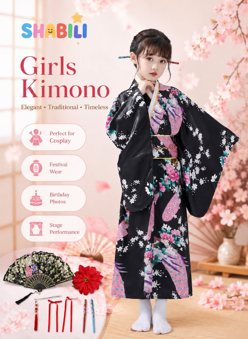 SHABILI Kids Japanese Kimono Yukata Dress with Satin Floral Print and Obi Belt for Girls, Elegant Silk-Like Material with Rich Accessories including Fan, Hairpin, Tassel and Head Flower, Perfect for Cosplay, Daily Wear, School Events and Birthday Parties (Black) - Image 1