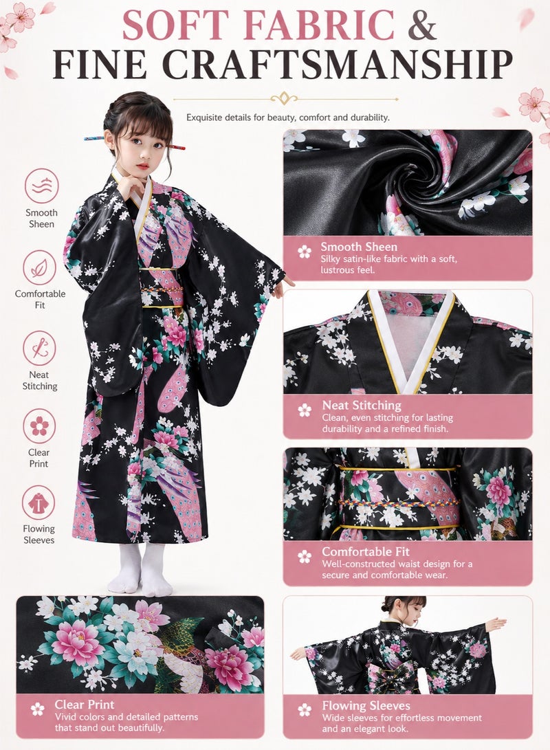 SHABILI Kids Japanese Kimono Yukata Dress with Satin Floral Print and Obi Belt for Girls, Elegant Silk-Like Material with Rich Accessories including Fan, Hairpin, Tassel and Head Flower, Perfect for Cosplay, Daily Wear, School Events and Birthday Parties (Black) - Image 5