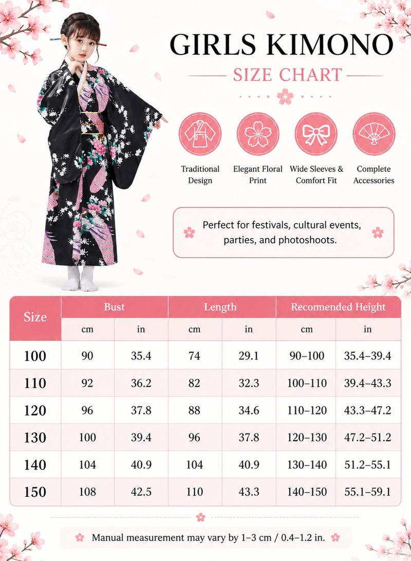 SHABILI Kids Japanese Kimono Yukata Dress with Satin Floral Print and Obi Belt for Girls, Elegant Silk-Like Material with Rich Accessories including Fan, Hairpin, Tassel and Head Flower, Perfect for Cosplay, Daily Wear, School Events and Birthday Parties (Black) - Image 3