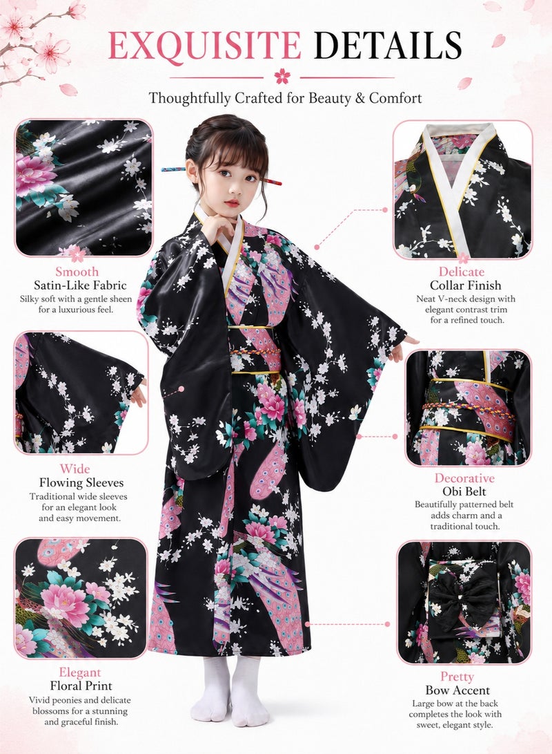 SHABILI Kids Japanese Kimono Yukata Dress with Satin Floral Print and Obi Belt for Girls, Elegant Silk-Like Material with Rich Accessories including Fan, Hairpin, Tassel and Head Flower, Perfect for Cosplay, Daily Wear, School Events and Birthday Parties (Black) - Image 4