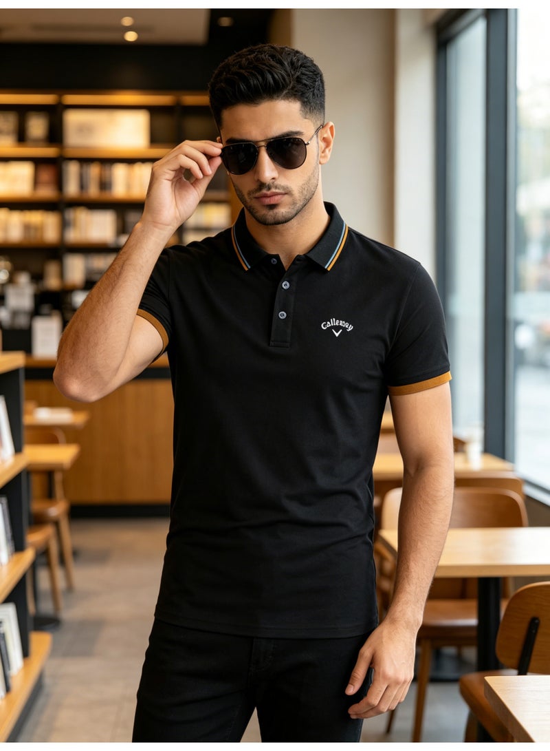 Callaway Men’s Black Contrast Trim Short Sleeve Golf Polo Shirt with Embroidered Chest Logo - Image 1