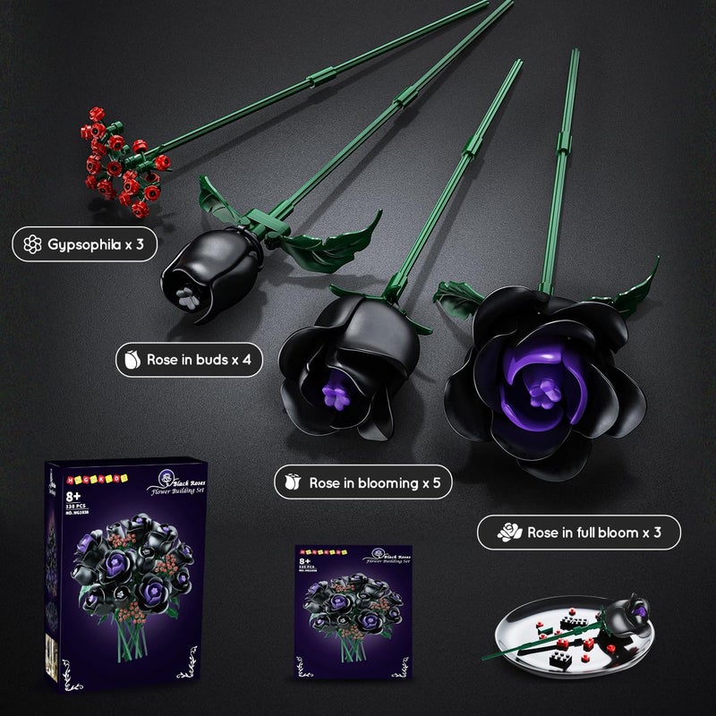 HOGOKIDS Flowers Bouquet Building Set - 15 Black Roses Botanical Collection Building Blocks Artificial Flower Toy, 330PCS Gothic Home Decors Easter Gift for Her Girlfriend Wife Adults Teens Kids 8+ - Image 5