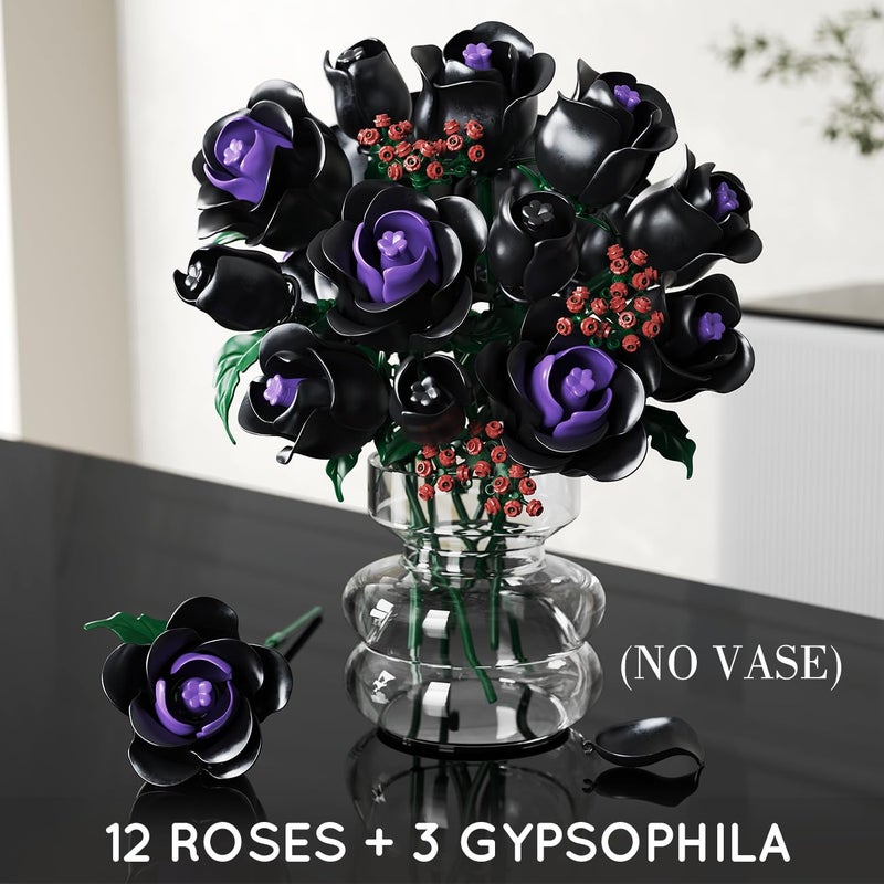 HOGOKIDS Flowers Bouquet Building Set - 15 Black Roses Botanical Collection Building Blocks Artificial Flower Toy, 330PCS Gothic Home Decors Easter Gift for Her Girlfriend Wife Adults Teens Kids 8+ - Image 3