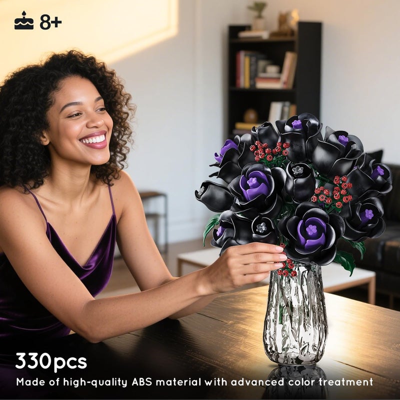 HOGOKIDS Flowers Bouquet Building Set - 15 Black Roses Botanical Collection Building Blocks Artificial Flower Toy, 330PCS Gothic Home Decors Easter Gift for Her Girlfriend Wife Adults Teens Kids 8+ - Image 2