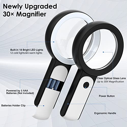 MoKo Magnifying Glass with Light, 30X Handheld Large Magnifying Glass 18LED 3 Modes Illuminated Lighted Magnifier for Elderly Kids Reading, Magazines, Coin, Jewelry, Exploring Inspection, Black - Image 2