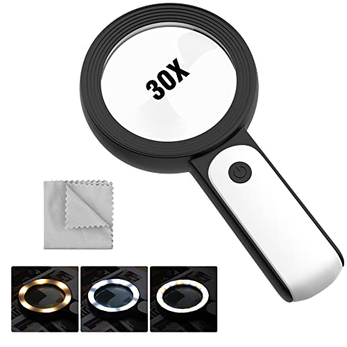 MoKo Magnifying Glass with Light, 30X Handheld Large Magnifying Glass 18LED 3 Modes Illuminated Lighted Magnifier for Elderly Kids Reading, Magazines, Coin, Jewelry, Exploring Inspection, Black - Image 1