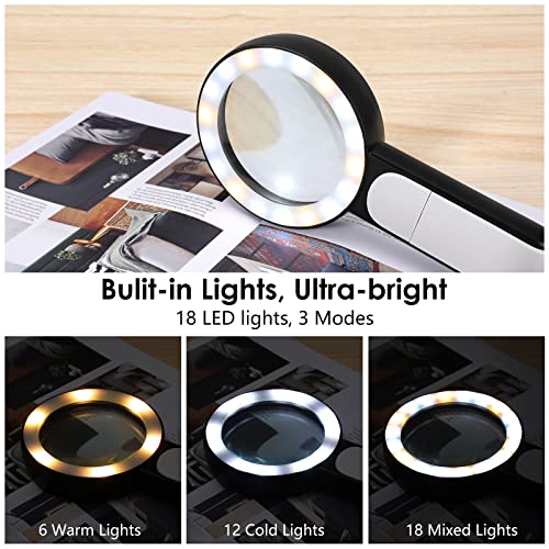 MoKo Magnifying Glass with Light, 30X Handheld Large Magnifying Glass 18LED 3 Modes Illuminated Lighted Magnifier for Elderly Kids Reading, Magazines, Coin, Jewelry, Exploring Inspection, Black - Image 3