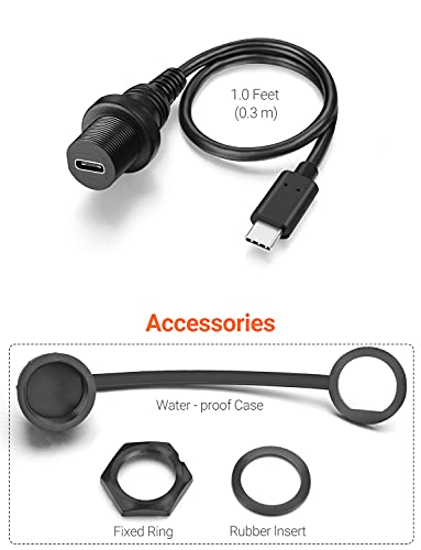 OBVIS USB Type C 3.0 Male to Female Flush Mount Cable Waterproof Kit Accessories Car Dash Panel Mount Adapter Converter Extension Extender for Car Boat Motorcycle Motorbike 1 Feet 0.3 Meter - Image 5