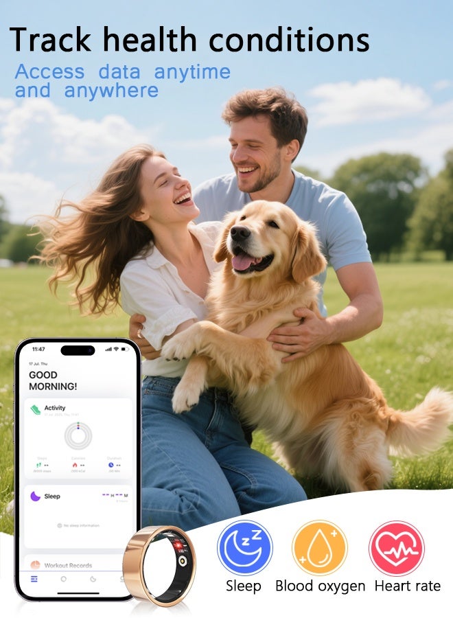 Smart Ring, Health Tracker for Women Men, Fitness Tracker with Heart Rate, Blood Oxygen, Sleep Monitor, Calories, Step Counter, IP68 Waterproof Smart Ring for iPhone & Android, No Subscription Fee (Gold, 8#) - Image 4