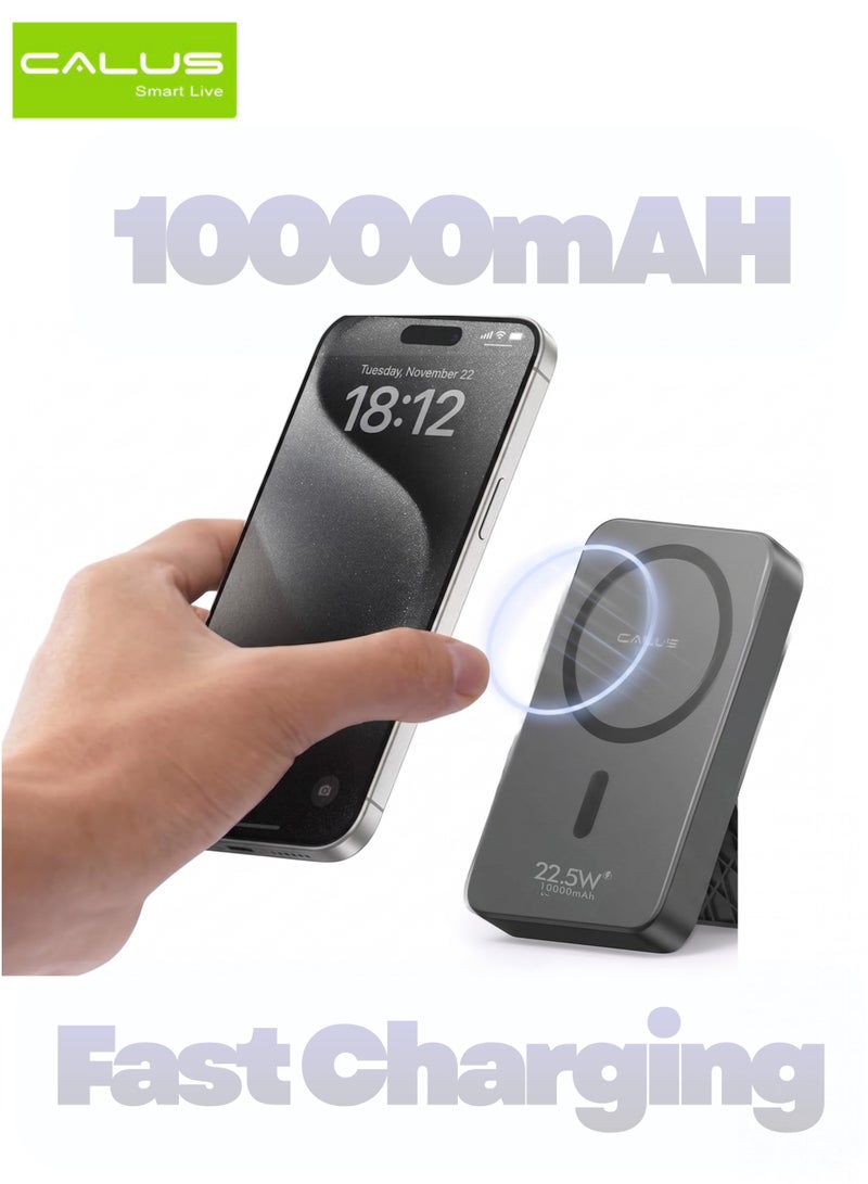 كالوس بنك طاقة لاسلكي Calus Fast 10 Max بسعة 10000 مللي أمبير بتقنية MagSafe مع حامل، يدعم الشحن السريع بقوة 22.5 واط - بطارية مغناطيسية مزودة بشاشة LED، تدعم الشحن السريع بتقنية PD، متوافق مع سلسلة iPhone 15/16/17، وiPhone 14/13/12، وSamsung Galaxy S24/S23 Ultra، والهواتف الذكية التي تدعم تقنية Qi - أسود - Image 1