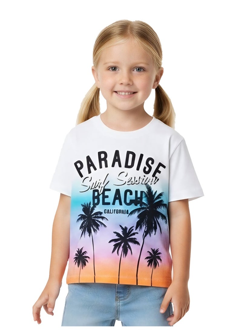 WiNi BEE Kids Short Sleeve T-Shirt, White Cotton, Sunset Palm Tree Print, Summer Surf Style for Boys & Girls 2-6T - Image 1