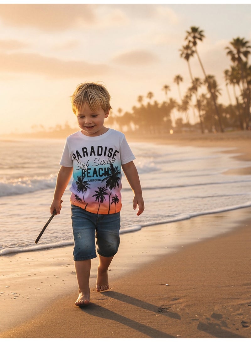 WiNi BEE Kids Short Sleeve T-Shirt, White Cotton, Sunset Palm Tree Print, Summer Surf Style for Boys & Girls 2-6T - Image 5