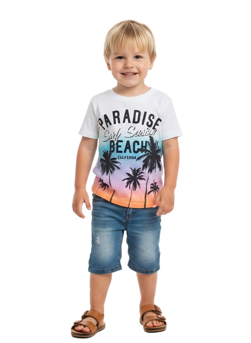 WiNi BEE Kids Short Sleeve T-Shirt, White Cotton, Sunset Palm Tree Print, Summer Surf Style for Boys & Girls 2-6T - Image 3