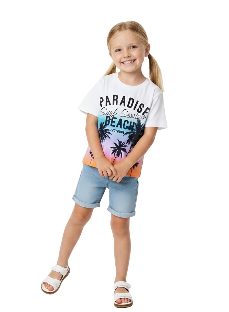 WiNi BEE Kids Short Sleeve T-Shirt, White Cotton, Sunset Palm Tree Print, Summer Surf Style for Boys & Girls 2-6T - Image 2