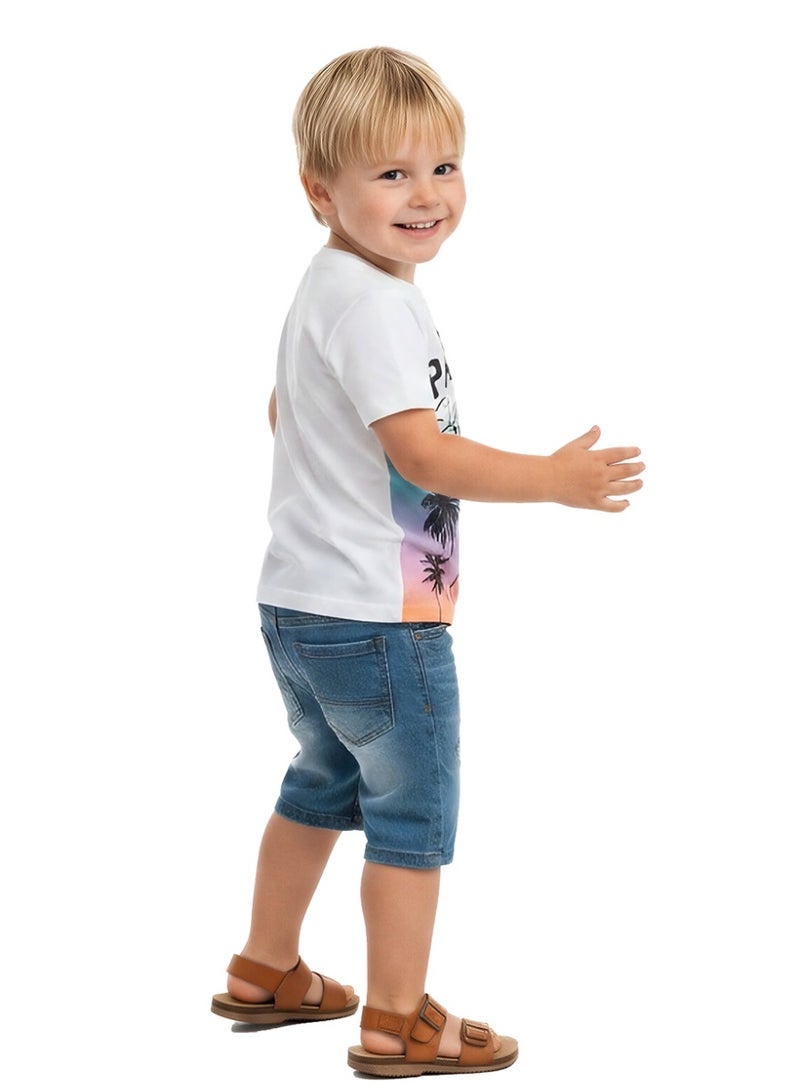 WiNi BEE Kids Short Sleeve T-Shirt, White Cotton, Sunset Palm Tree Print, Summer Surf Style for Boys & Girls 2-6T - Image 4