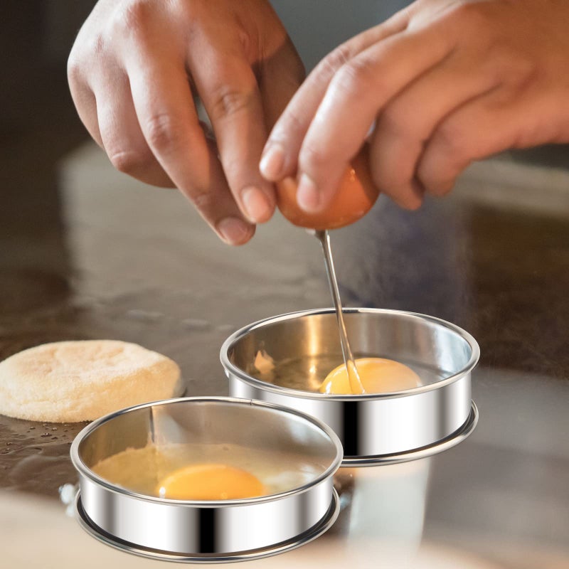 Catcan 6 Pieces English Muffin Rings, 3.15 Inch Stainless Steel Crumpet Ring Double Rolled Tart Nonstick Metal Round Molds with Silicone Oil Brush - Image 4