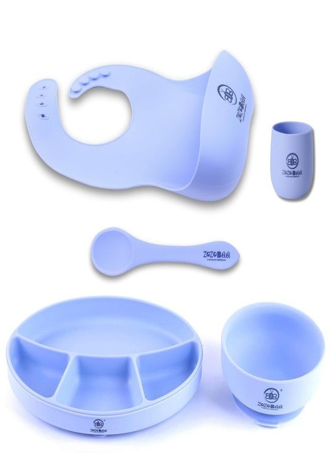 ZoZoBaa Silicone Feeding Set Including Baby Bib,Long Spoon, Tiny Open Cup, Suction Base Oval Plate & Bowl for Toddler |Solid Cutlery Set| Easy Wipe Clean| Baby Weaning Sets (5 Pc), [Purple] - Image 1