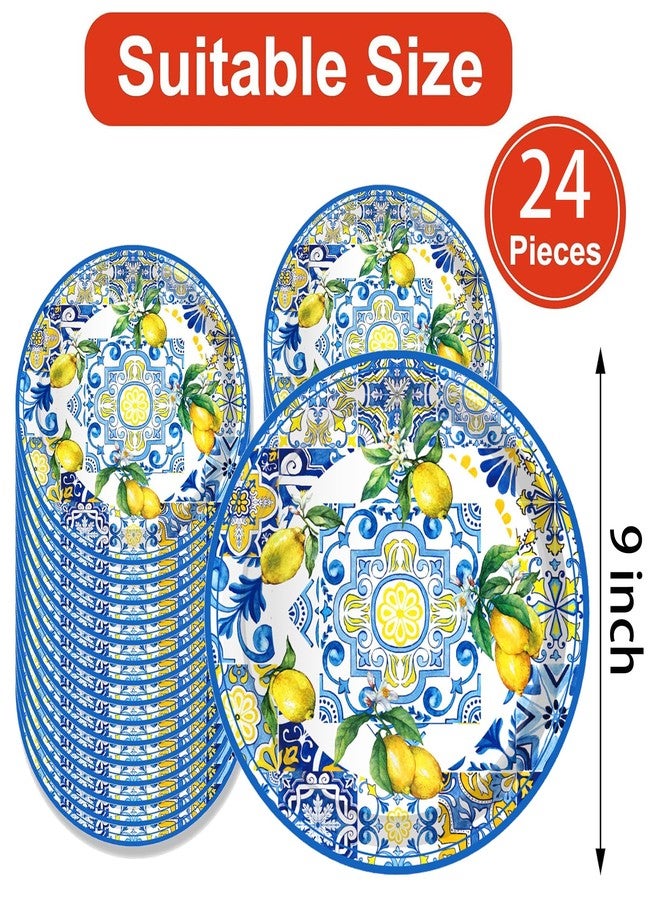 BHNACIER 24PCS 9'' Capri Lemon Paper Plates Tiles Lemon Party Decoration Blue and White Porcelain Lemons Paper Plates Tiles Lemons Disposable Plate for Festival Party Supplies - Image 3