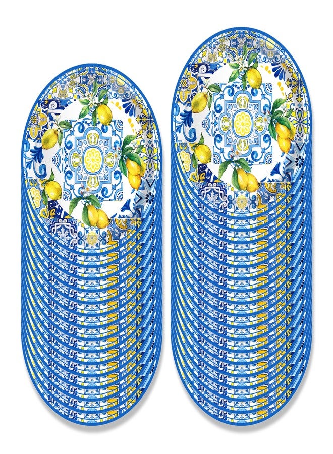 BHNACIER 24PCS 9'' Capri Lemon Paper Plates Tiles Lemon Party Decoration Blue and White Porcelain Lemons Paper Plates Tiles Lemons Disposable Plate for Festival Party Supplies - Image 2