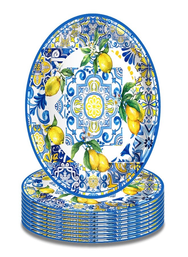 BHNACIER 24PCS 9'' Capri Lemon Paper Plates Tiles Lemon Party Decoration Blue and White Porcelain Lemons Paper Plates Tiles Lemons Disposable Plate for Festival Party Supplies - Image 1