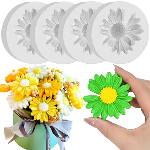 ZQYSING 4 Pcs Daisy Flower Silicone Molds for Candles, 3D Flower Fondant Chocolate Cake Cupcake Topper Decoration Mold, DIY Tealight Candle Soap Wax Epoxy Resin Concrete Casting Polymer Clay Craft - Image 1