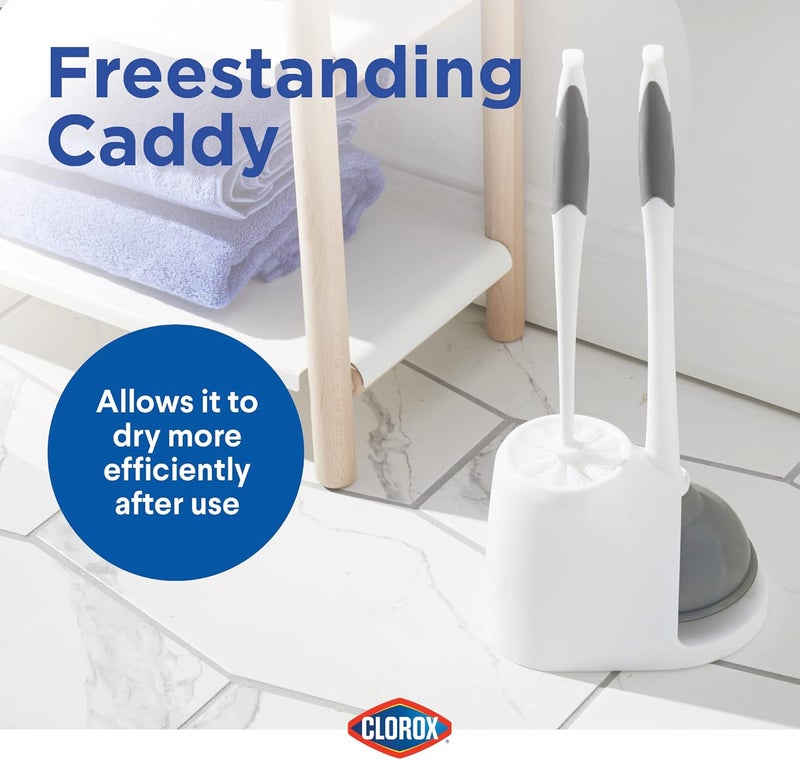 Clorox Toilet Plunger and Bowl Brush Combo with Caddy, 6.75 x 7 x 19.5 in, White/Gray - Image 4